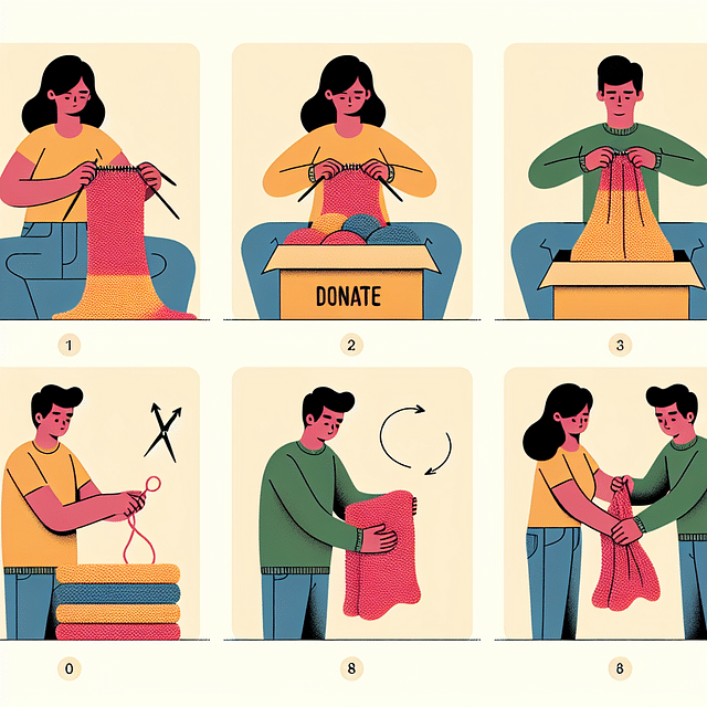 finished knitted item being prepared for donation