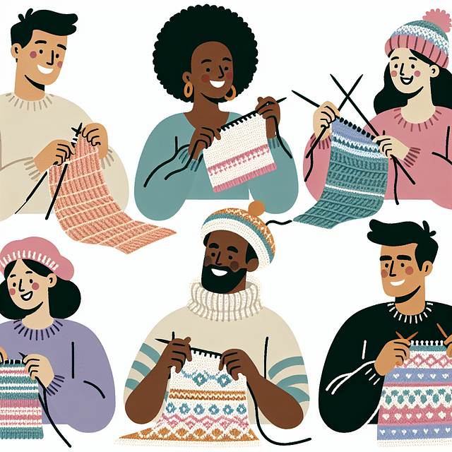 group of knitters sharing their projects