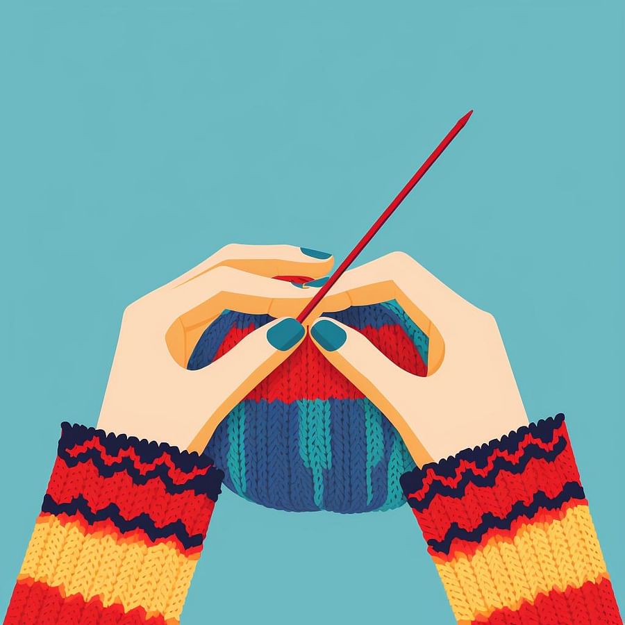 Hands casting on stitches on a knitting needle