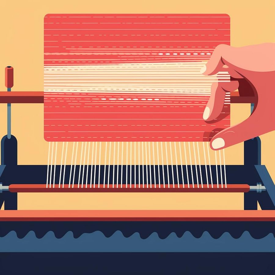 A close-up of a hand creating a purl stitch on a loom