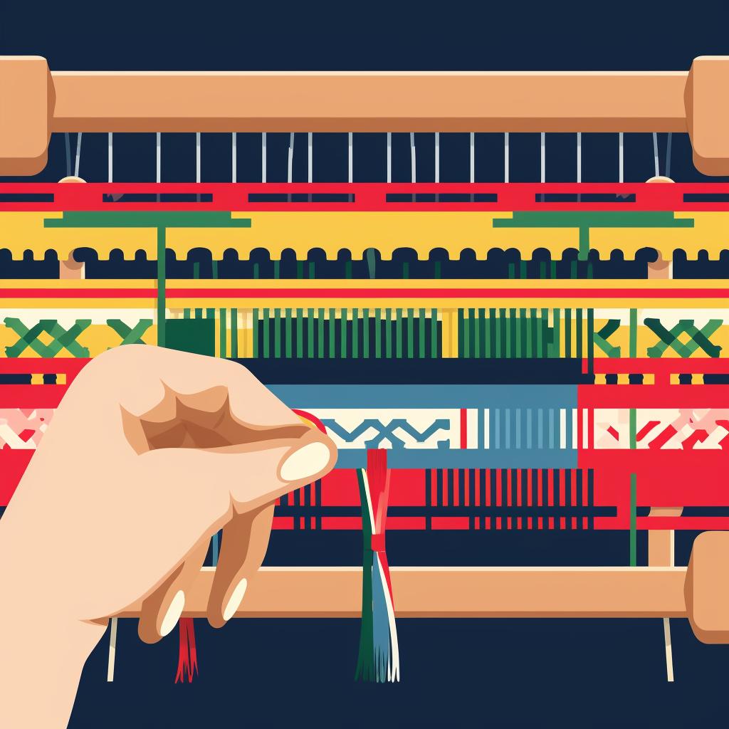 A close-up of a hand creating an e-wrap stitch on a loom