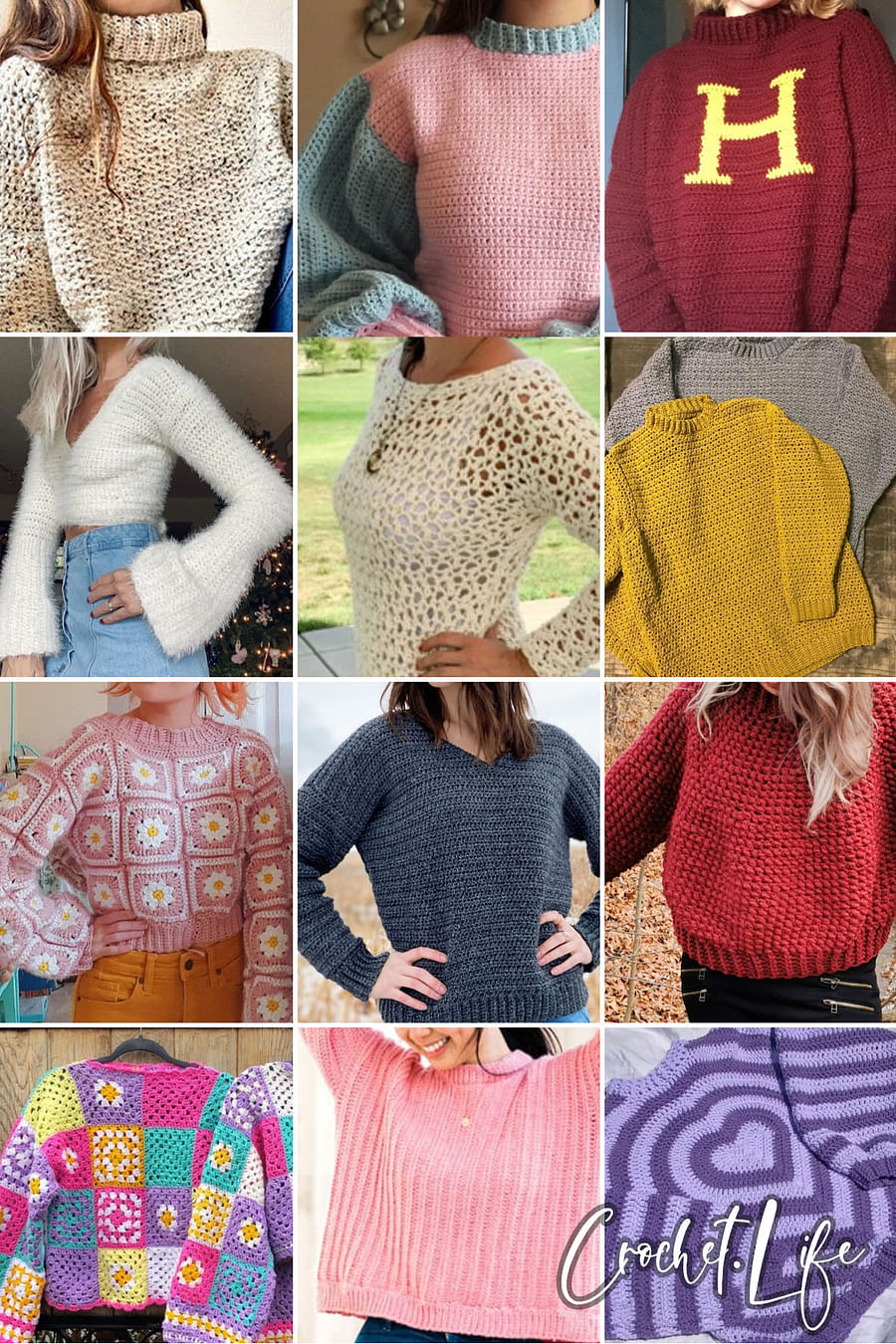 Collage of different types of knitted sweaters showcasing various knitting patterns