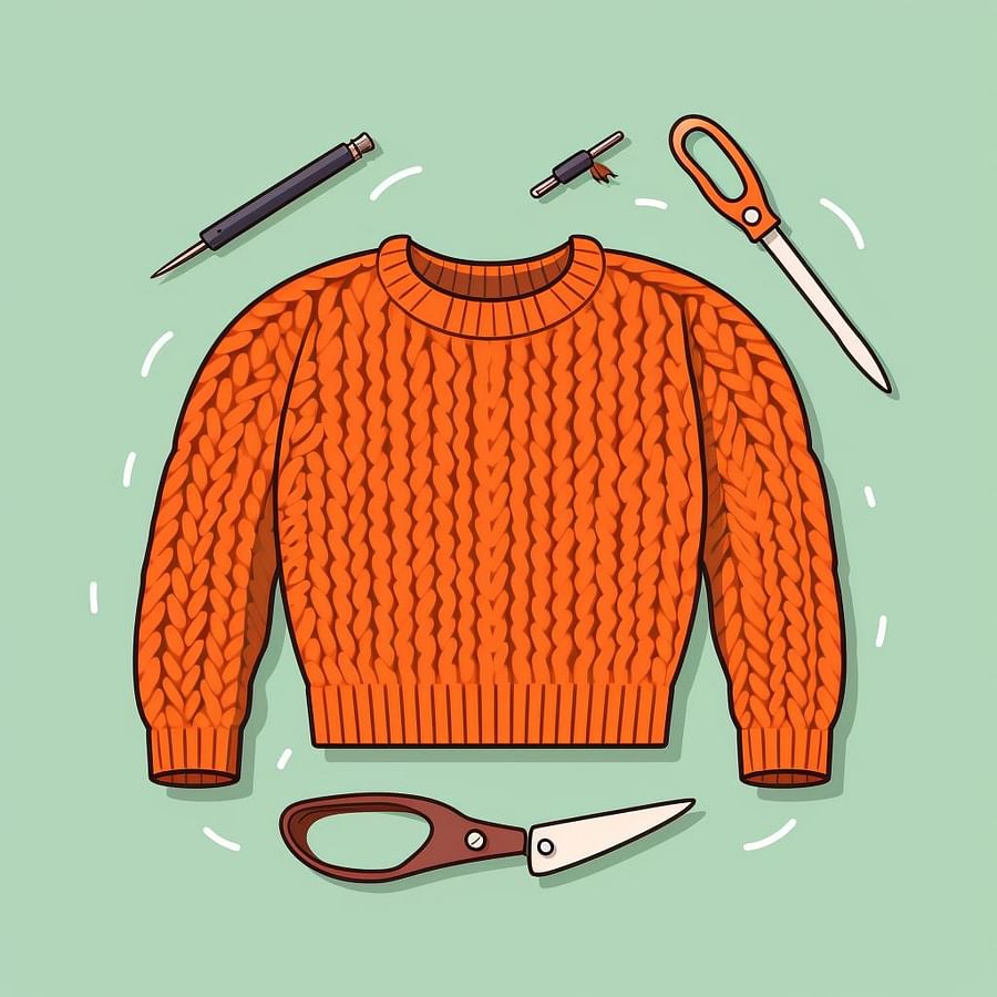 A finished knitted sweater with a pair of scissors and yarn ends