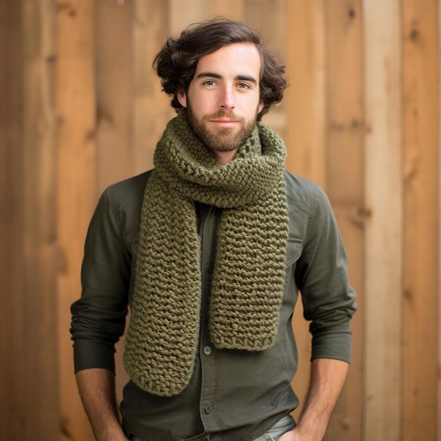 A beginner knitter proudly presenting a hand-knitted scarf