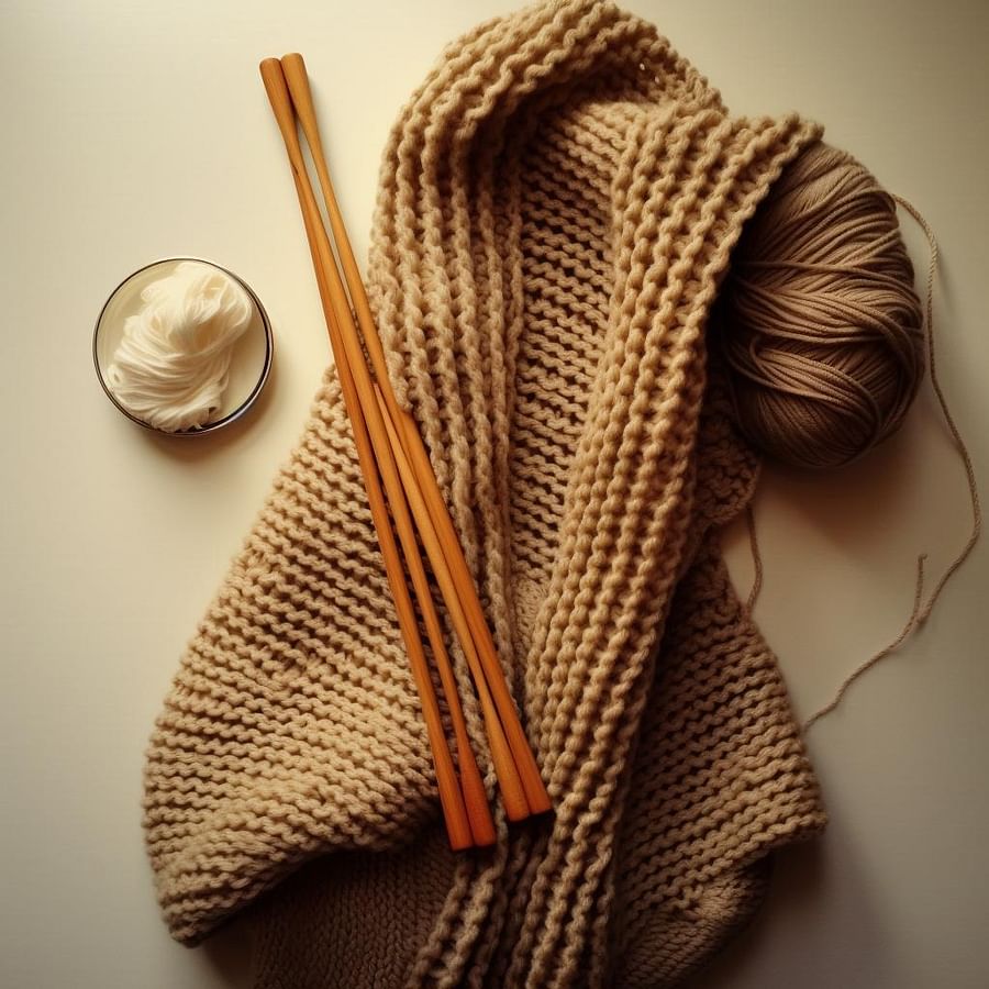 Knitting needles and a half-knitted scarf