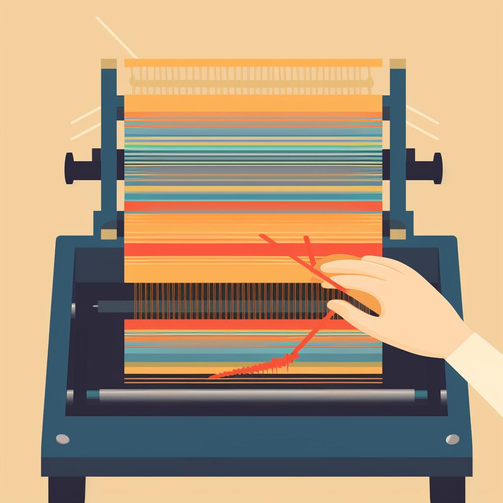 A hand creating e-wrap stitches on a loom