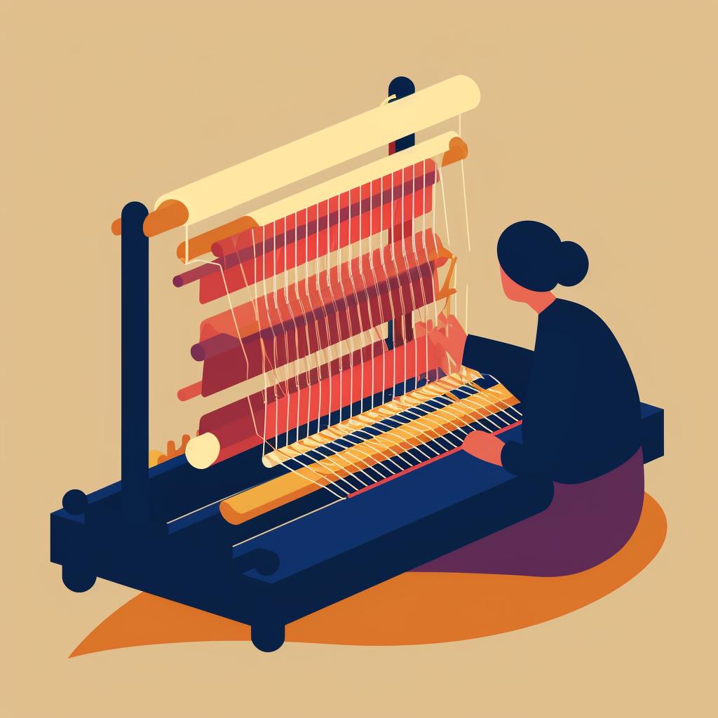 A hand threading yarn around the pegs of a loom.