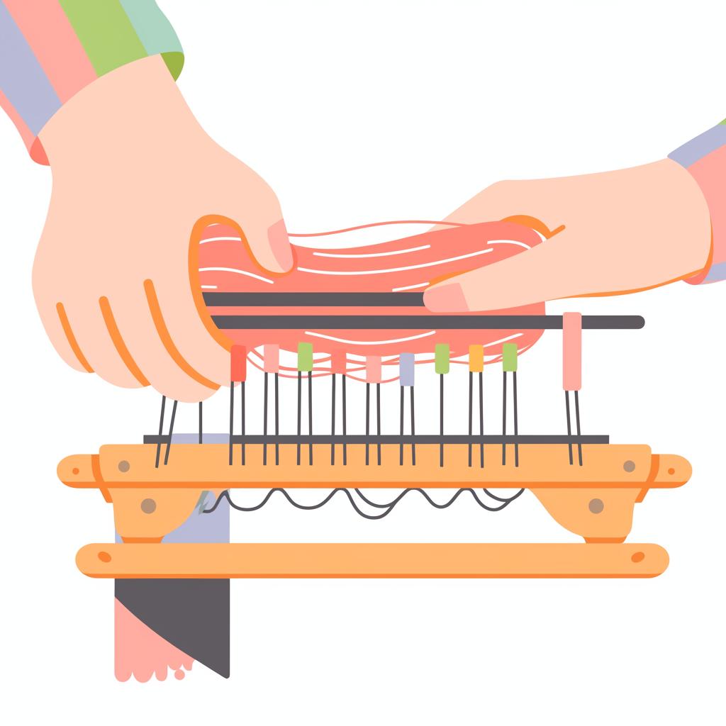 A hand using a loom hook to lift loops over pegs on a loom.