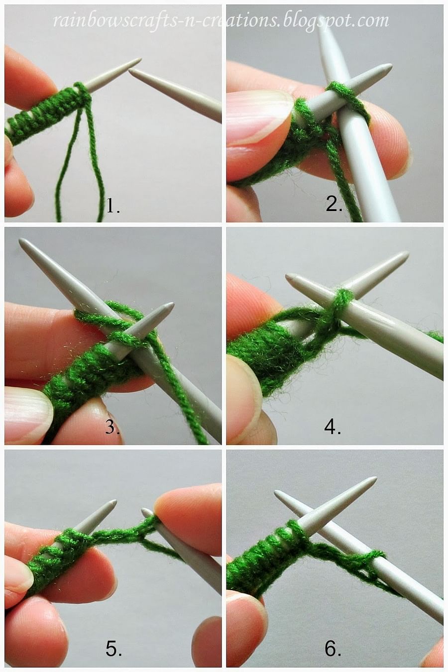 Close-up of hands performing a purl stitch in knitting