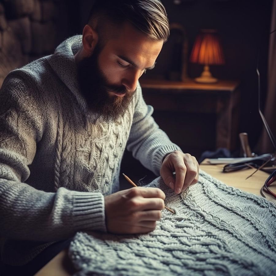 A knitter working on a trendy handmade sweater pattern