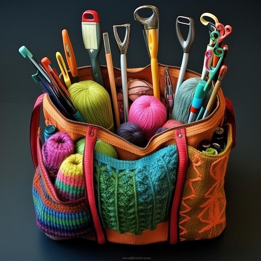 A well-organized knitting bag with knitting tools neatly arranged in compartments