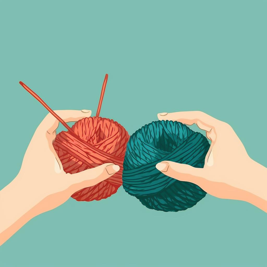 Hands knitting with the new color of yarn, twisting it with the old color at the start of a row
