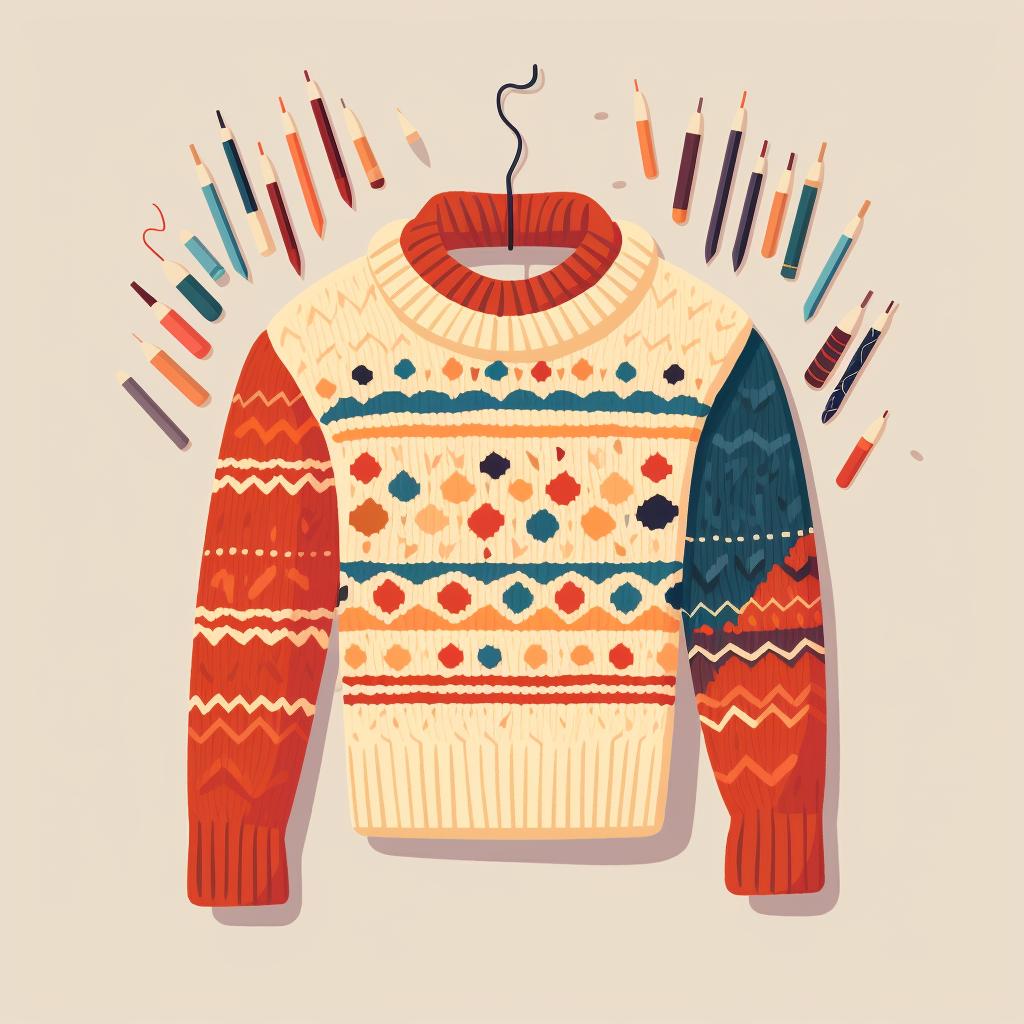 Knitting needles, skeins of yarn, and a printed sweater pattern