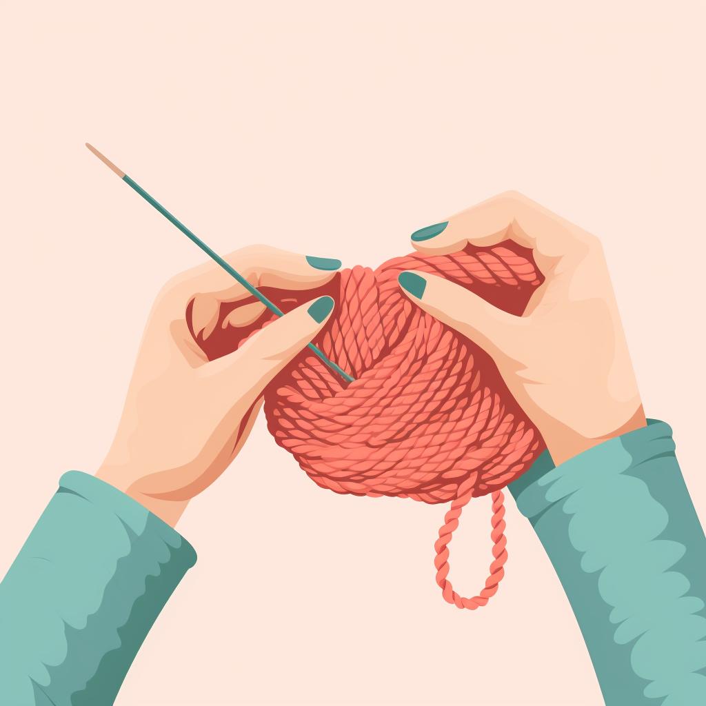 Hands knitting with one color of yarn, about to switch to a new color