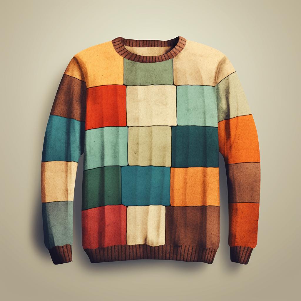 Knitted sweater with multiple blocks of color, showing several color changes