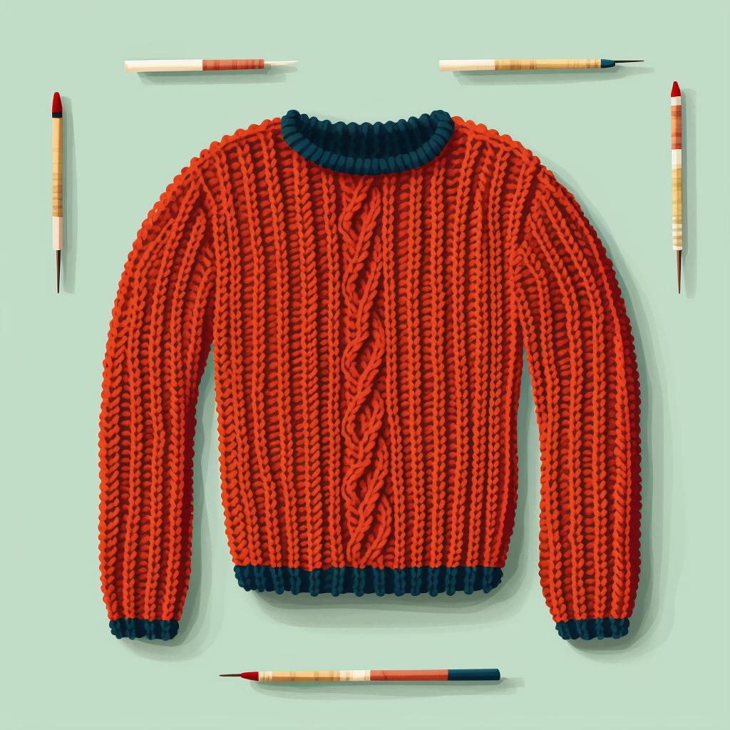 A finished knitted sweater with knitting needles on a table