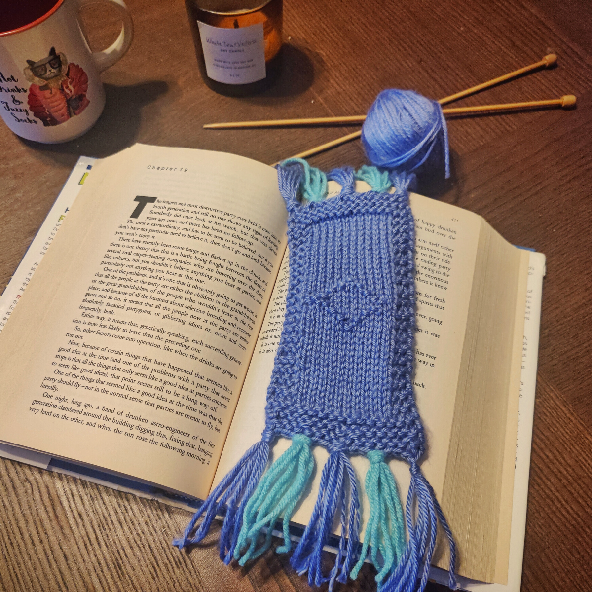 Colorful knitted bookmark made from leftover yarn